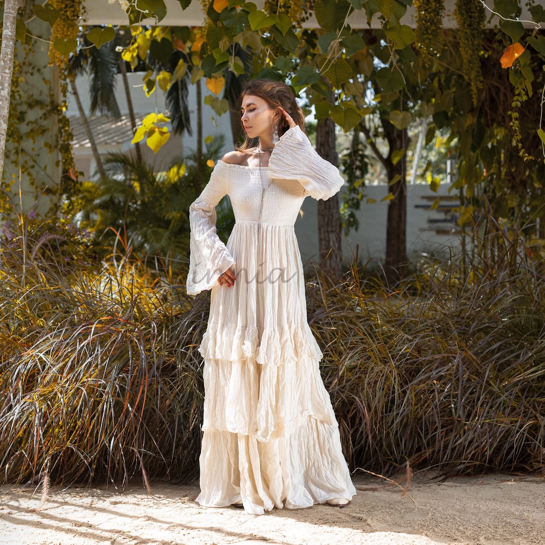 Off-shoulder Boho Wedding Dress – Tiered Raw Cotton Maxi Dress - Main Image