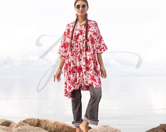 Plus Size Eyelet Tunic with Pockets – Boho Cotton Gauze Shirt, Cherry Blossom | Bellina