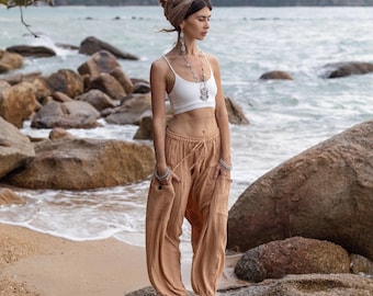 Handmade Raw Cotton Harem Pants: Copper Dusk Boho Festival Fashion - Spiritu