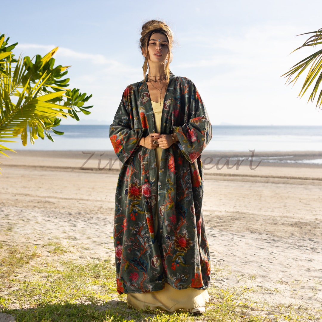Katoenen maxi kimono - block print - rainbow forest