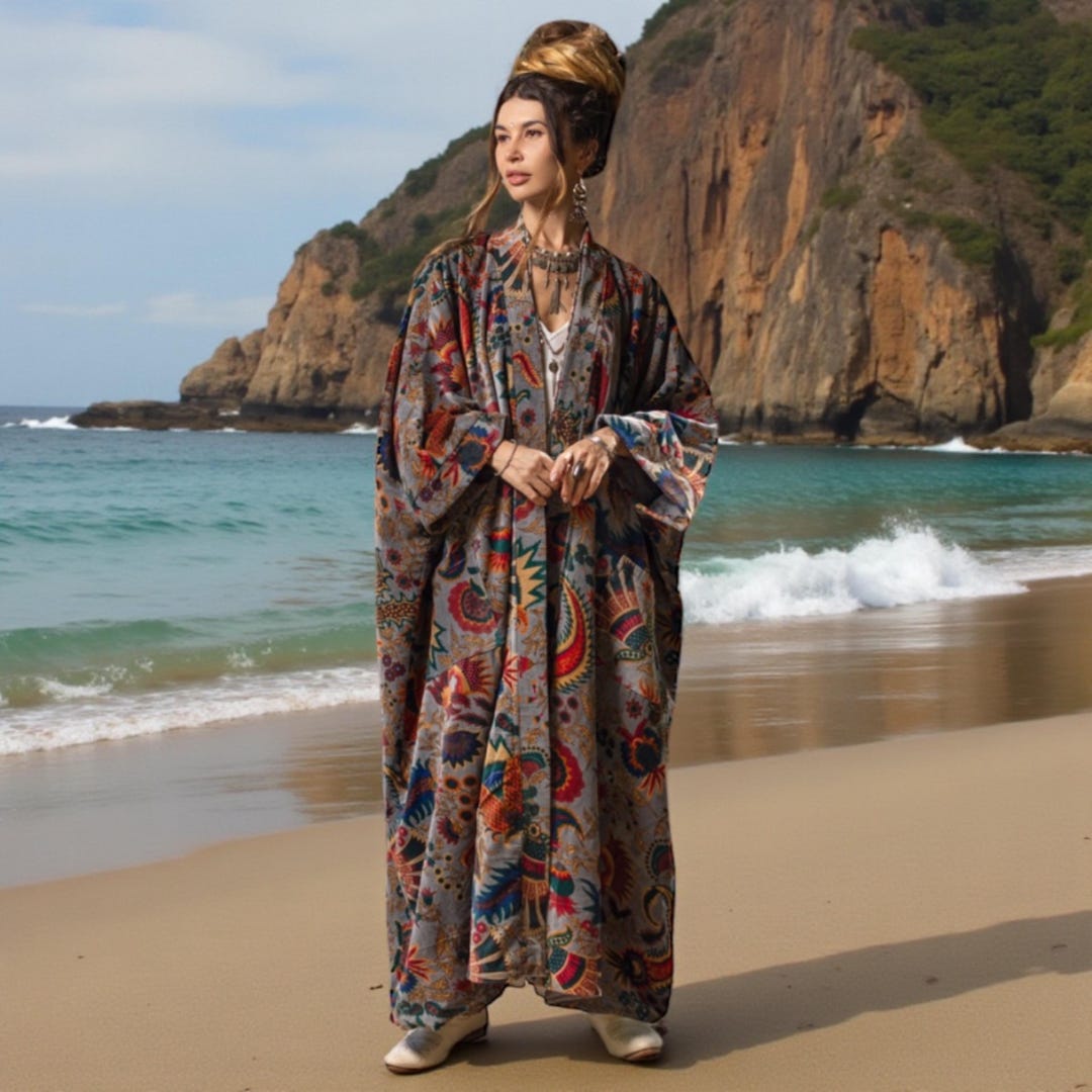 Grey Velvet Kimono, Phoenix Garden Floral Robe, Plus Size Boho Duster ...