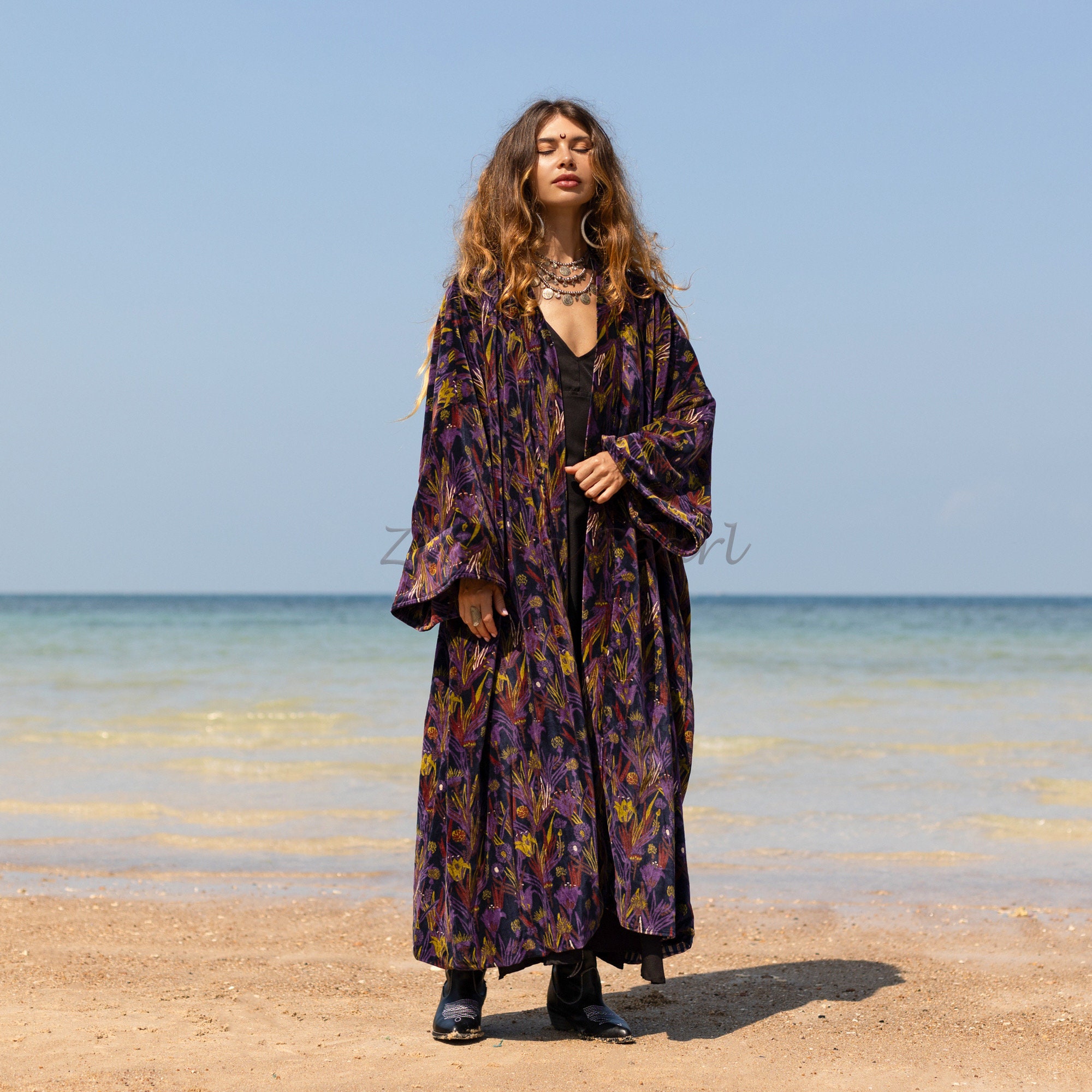 Cotton Velvet Kimono Coat: Floral Print Maxi Duster - Mai - Etsy
