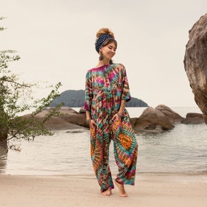 Discover Sadie Tiedye Jumpsuit - Embrace This Boho Chic Magic - One-Size Beauty - Perfect for Festivals Beach & Summer Vibes - Oh-so-cute!