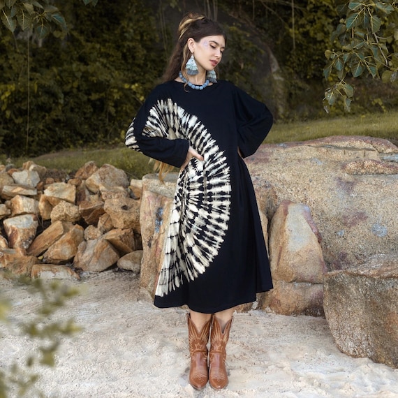 long sleeve cotton tie dye dresses Tie Dye Long Sleeve Maxi Dress in Black