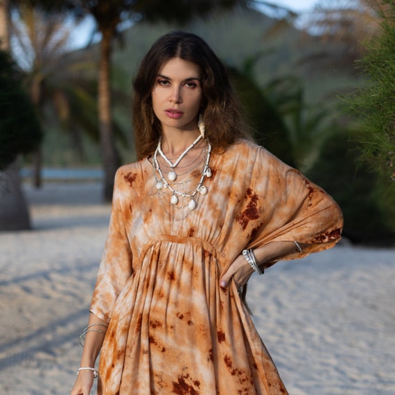 Tiedye Boho Rayon Kaftan Dress: Desert Clay Maxi, Plus Size - Cosmic Drift