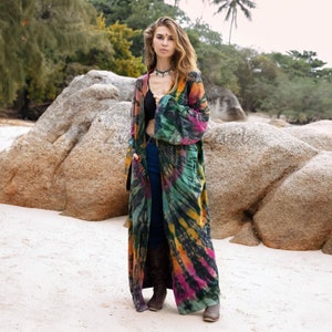 Yuma Maxi Hand Tie Dye Kimono Duster Cardigan Beach Coverup Festival ONE PLUS SIZE Boho Hippie Jersey Cotton