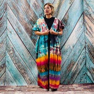 Kayla Hand Tie dye Maxi Long Festival Cotton Hoodie Duster Beach Coverup Kimono vacation Holiday Wears