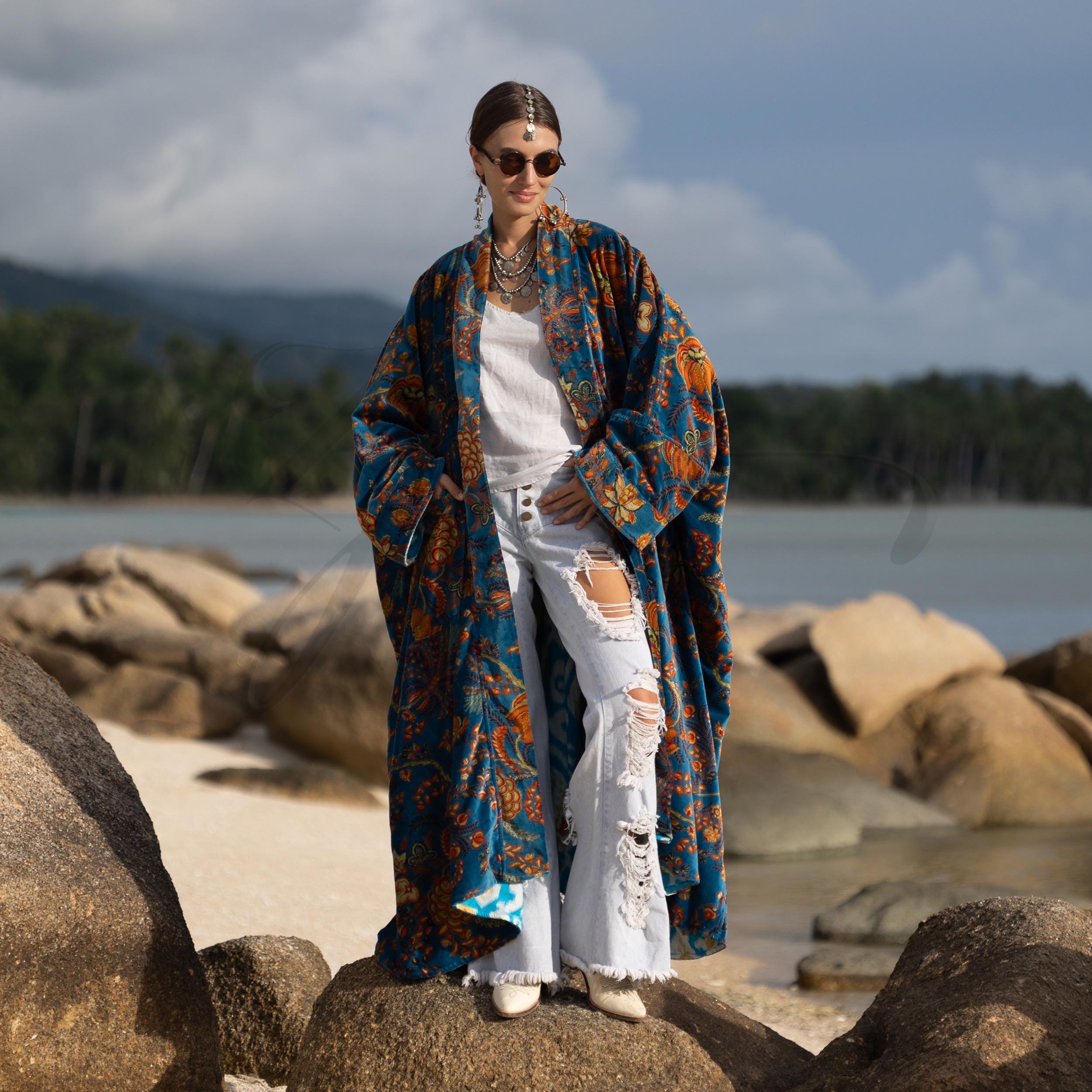 ROBE de FLEURS　DE3481 Boho Velvet Kimono Robe - Teal Harvest Floral Duster, Plus Size