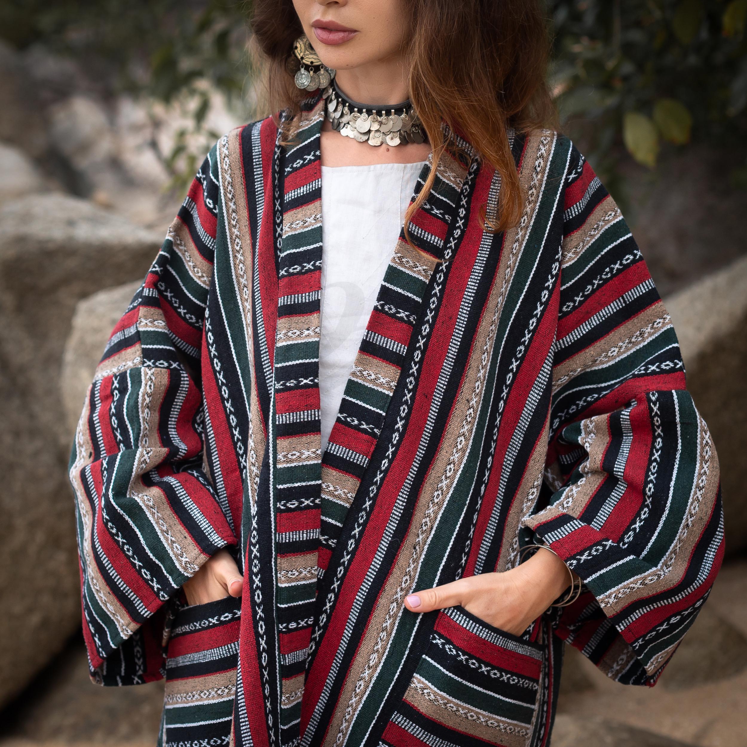 Plus Size Handwoven Kimono Jacket: Boho Rustic Cotton Coat