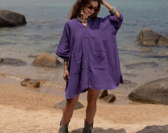 Boho Cotton Tunic Dress with Pockets: Plus Size Kaftan Cover Up - Bellina