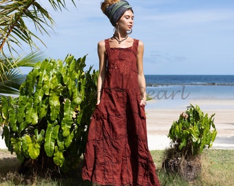 Handmade Patchwork Cotton Overalls Dress: Boho Festival Pinafore - Binsa