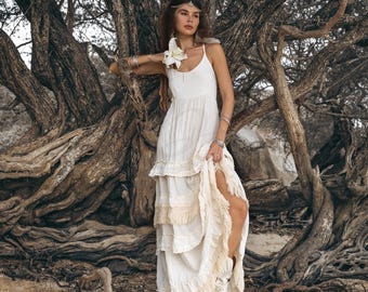 Koronkowa sukienka maxi bez rękawów z surowej bawełny | Suknia w stylu boho z koronką i warstwami | ZinniaPearl
