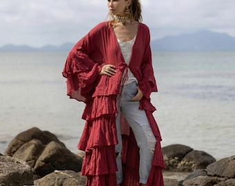 Kimono van ruw katoen met ruches: Boho Festival Duster - Bali