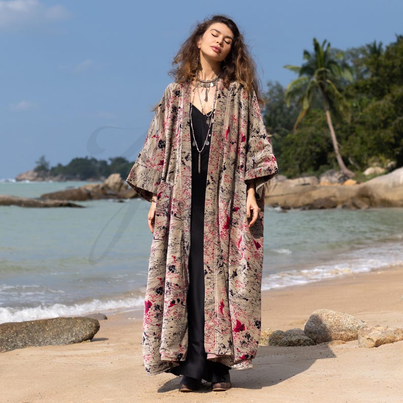 Jade Robe With Pockets Velvet Kimono Robe: Plus Size Boho Duster Coat, Meadowfire Floral ...