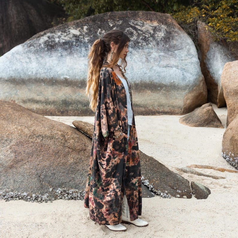 Handdyed Psychedelic Tie Dye Kimono Robe Sapphire Peace Sign Plus Size