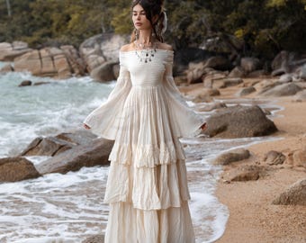 Boho Off-Shoulder Wedding Dress: Opal Cream Cotton Maxi Gown - Lucia