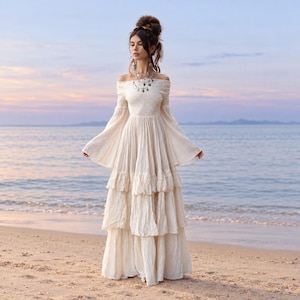 The Lucia Boho Wedding Dress – Off-Shoulder Opal Cream Cotton Bridal Gown, Tiered Maxi Dress