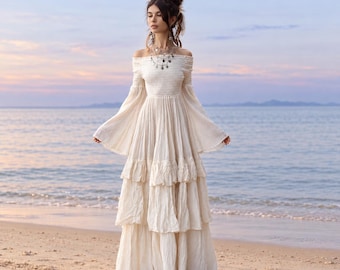 The Lucia Boho Wedding Dress – Off-Shoulder Opal Cream Cotton Bridal Gown, Tiered Maxi Dress
