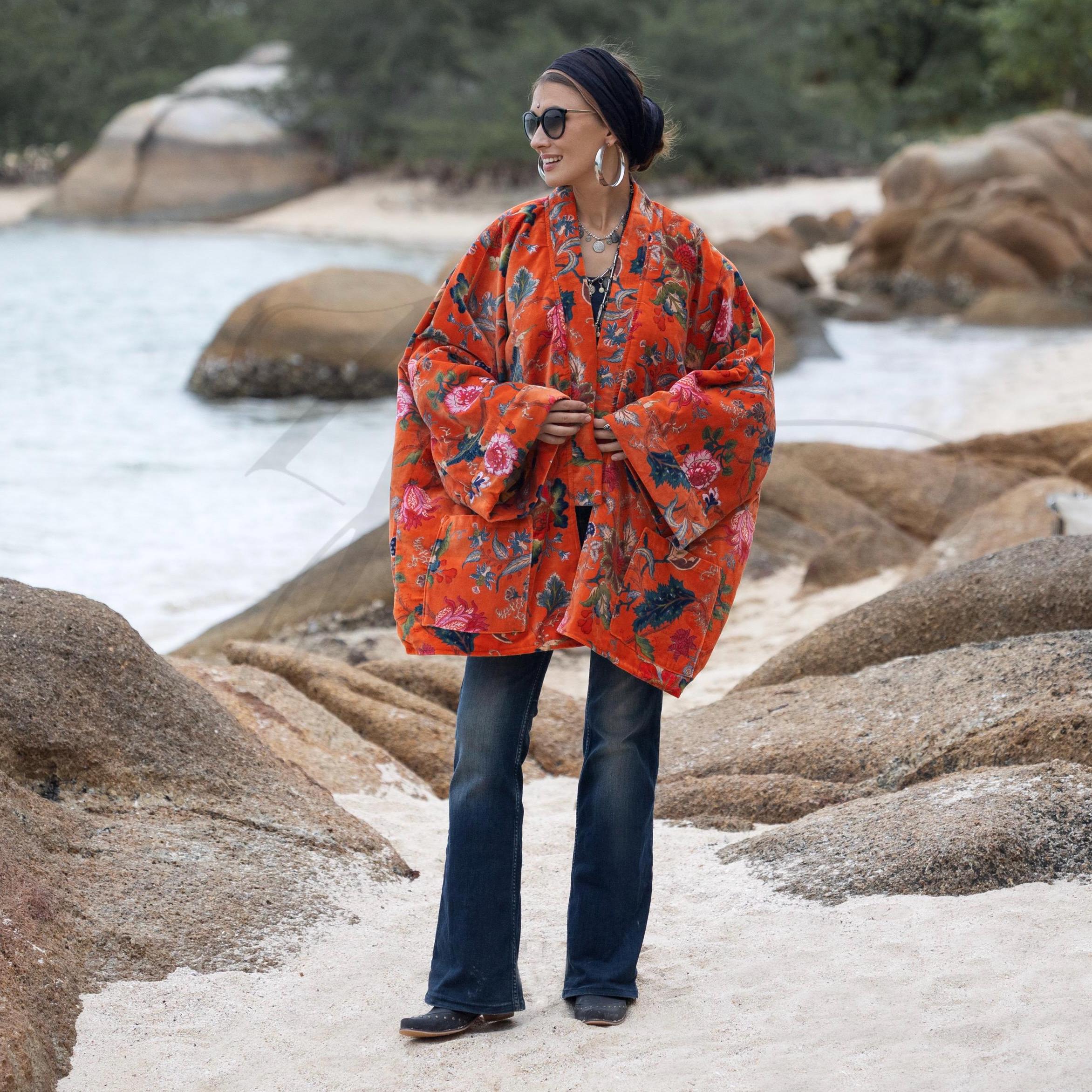 Plus Size Velvet Kimono Jacket – Tiger Lily Floral Boho Coat | Mei 