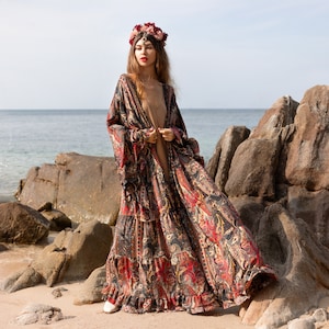 Silky Boho Kimono Duster: Ruffled Maxi Robe, Beach Cover-Up - Cara