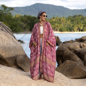 Harper Jade Silk Kimono Gilded Plum - Luxury Boho Duster ZinniaPearl