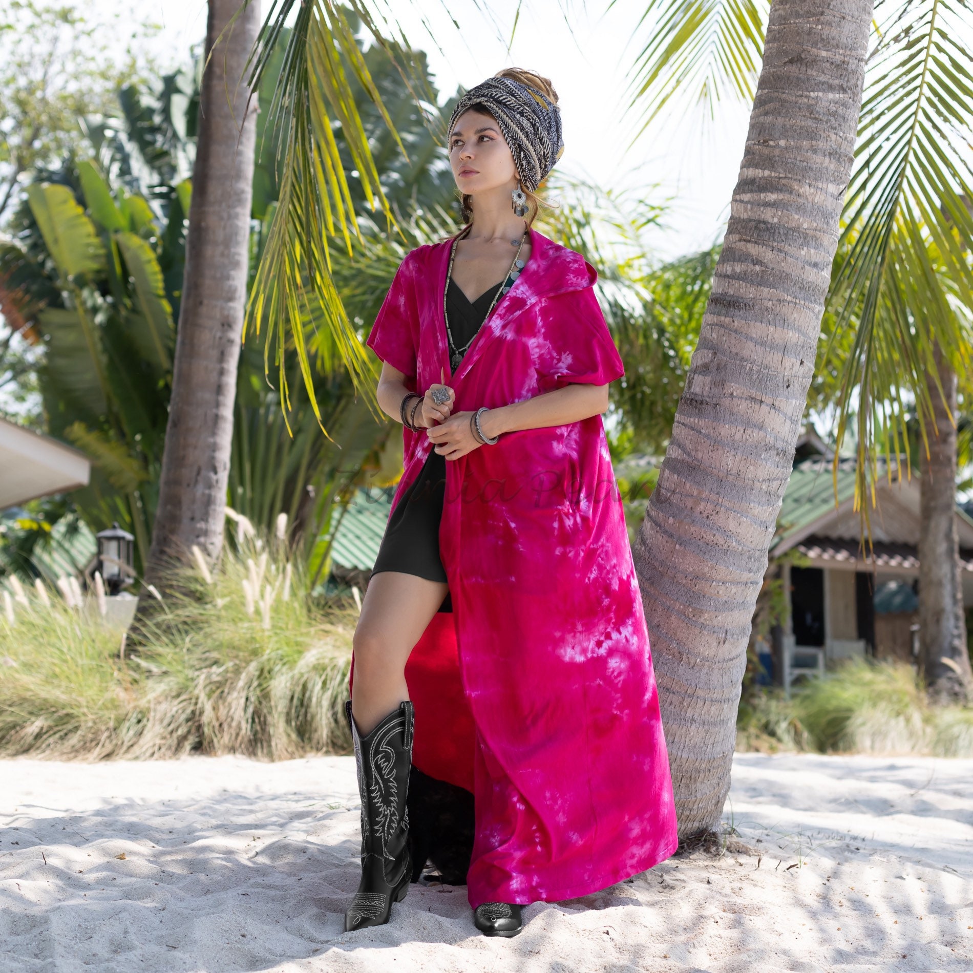 Kimono maxi de algodón teñido a mano: Kimono playero para festivales - Kayla
