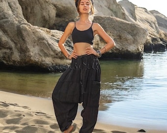 Black Patchwork Harem Pants – Handmade Boho Cotton Trousers | Spiritu