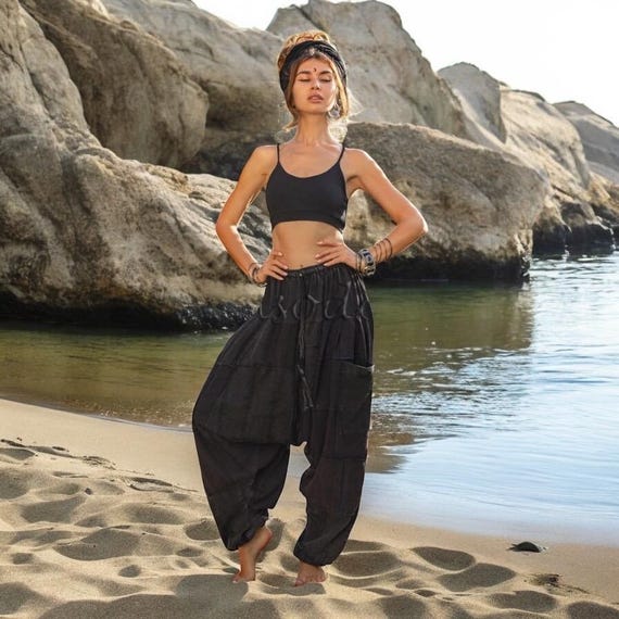 Black Patchwork Harem Pants – Handmade Boho Cotton Trousers