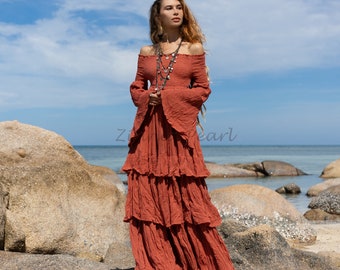 Off-Shoulder Cotton Boho Maxi Dress: Tiered Ruffle, Smocked Waist - Lucia