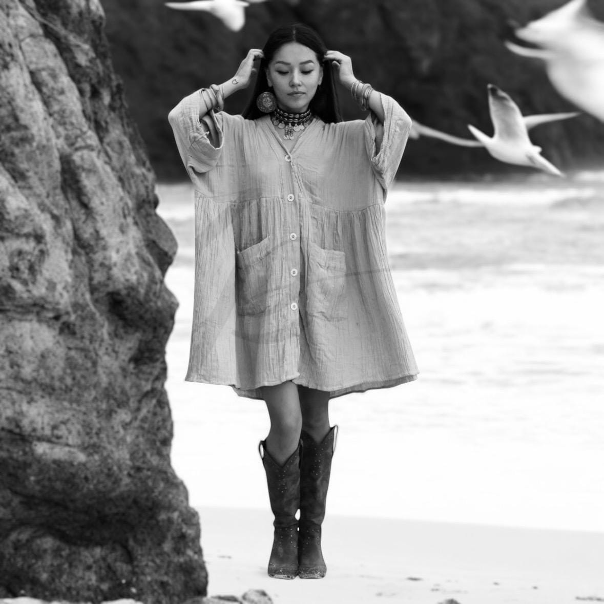 DEUXIEME CLASSE - ひひ☆ARGUE☆ SOFT WOOL GAUZE TUNIC DRESS Boho Cotton Gauze Tunic Dress: Desert Clay Button Down Cover up