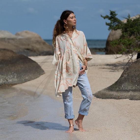Embroidered Cotton Boho Tunic Dress: Plus Size Babydoll Kaftan With Pockets  - Bellina - Etsy