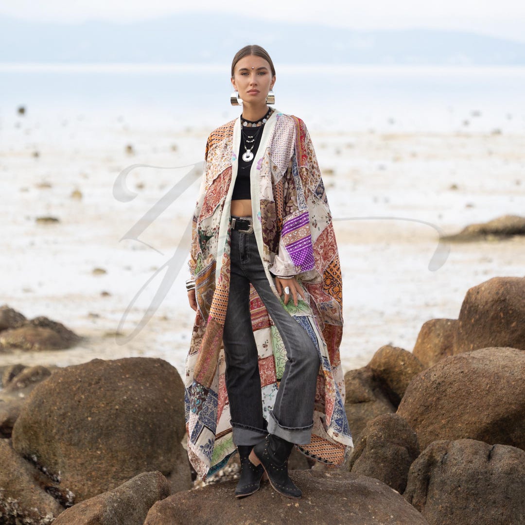 Upcycled Old Robe Upcycled Vintage Silk Saree Kimono Duster – Ochre Bloom Boho Patchwork ...