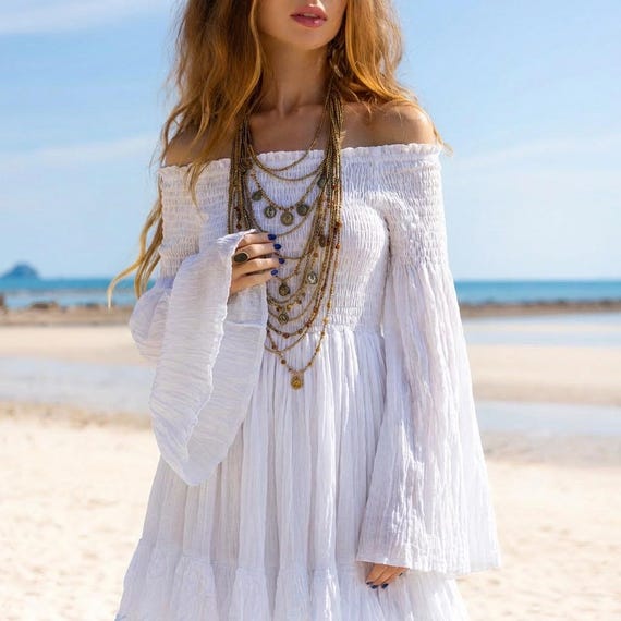 Off-Shoulder Boho Wedding Dress - Tiered Cotton Maxi Dress | Lucia