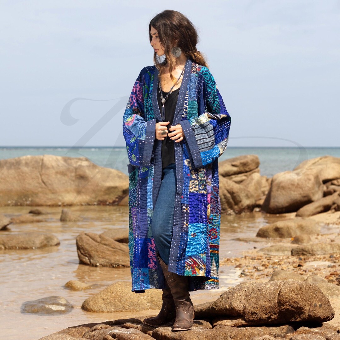 Sapphire Silk Patchwork Kimono: Hand-quilted Boho Robe - Ninive - Etsy