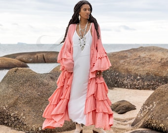 Kimono van ruw katoen met ruches, grote maten: Boho Festival Duster - Bali