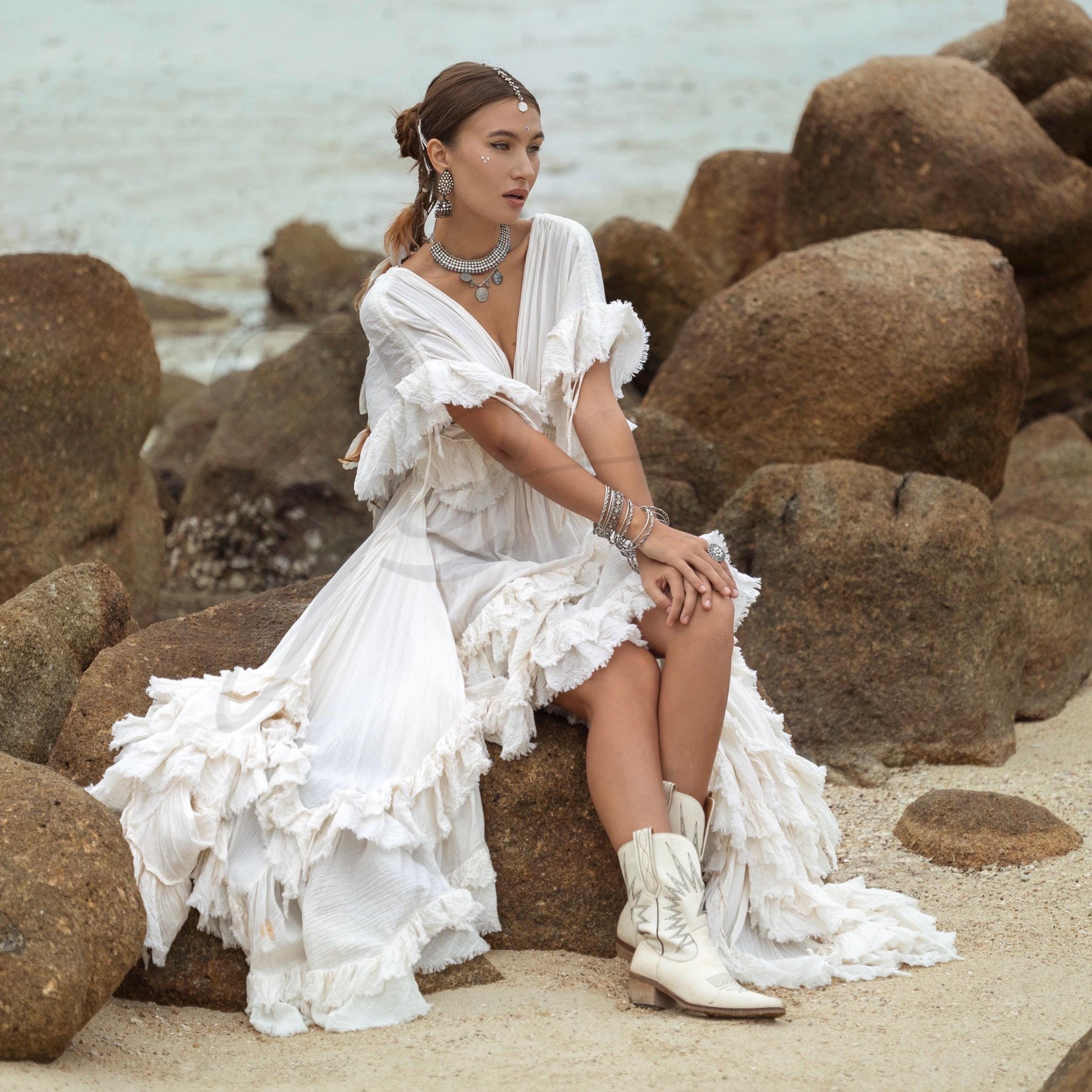 white cotton ruffle dress LA GARNOULE- Louise off-white tweed cotton and wool ruffled dress   Maisoncleo