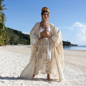 Boho Cotton Patchwork Kimono Jacket – VEDA in Ivory Sandlight | Handmade Meditation Robe, Lounge Duster, Festival Layer, Plus Size Gift