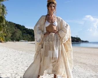 Veda Patchwork Kimono Handmade Long Sleeves Tribal Festival Kimono Duster Cardigan Meditation Robe One Plus Size Gift For Her