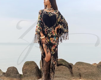 Boho Tie-Dye Franstunikaklänning: Plus Size Kaftan Poncho - Arlo