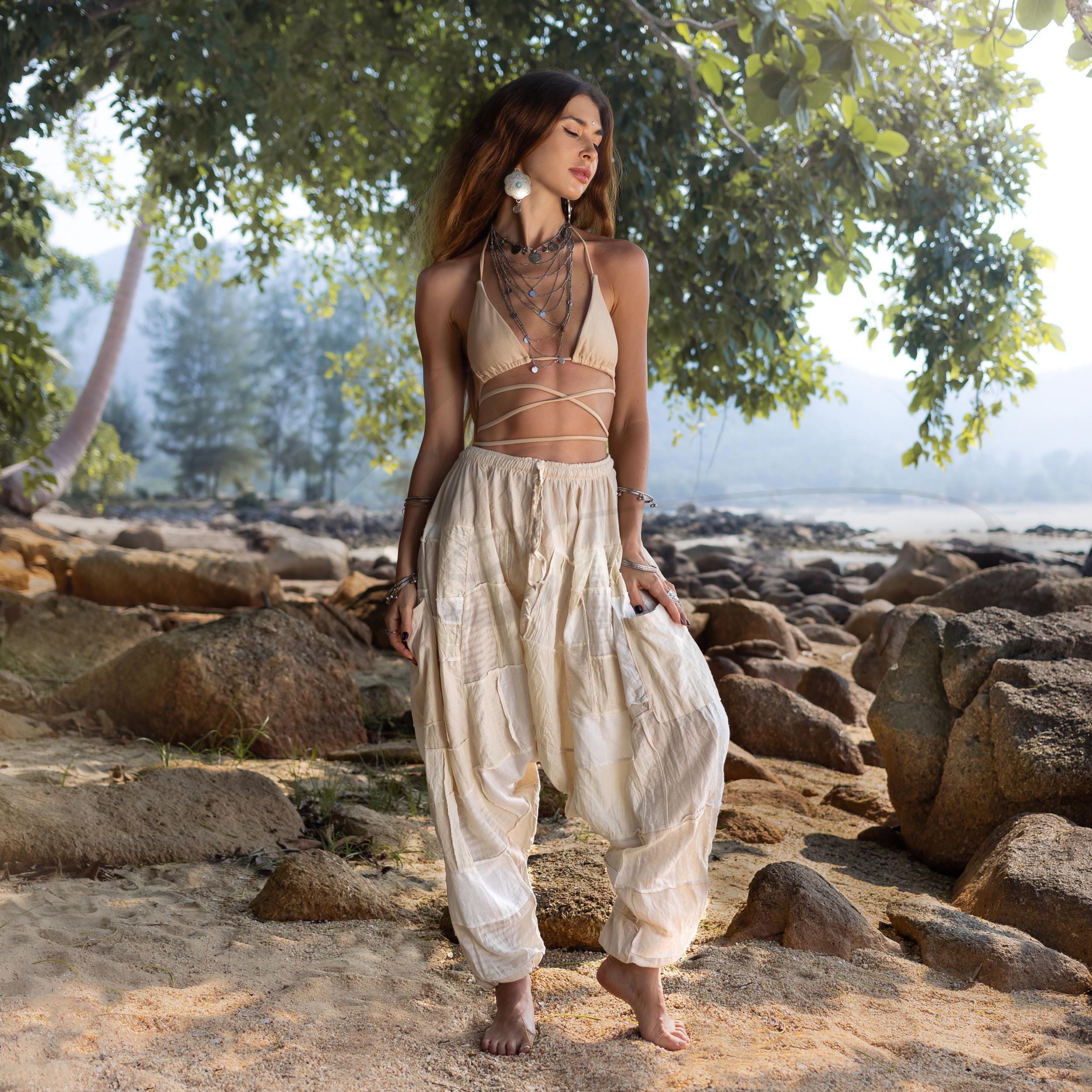 Boho Harem Pants: Handmade Cream Patchwork Cotton Trousers
