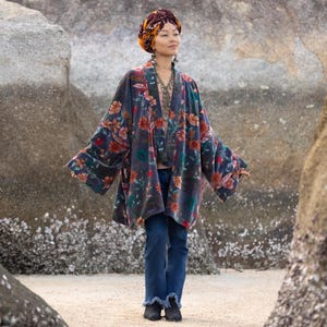 Velvet Kimono Jacket: Nocturne Bloom Floral Print, Plus Size Boho Coat - Mei