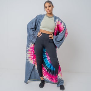 Hand Tie-Dye Maxi Kimono Duster: Boho Festival Coverup (One Plus Size) - Yuma