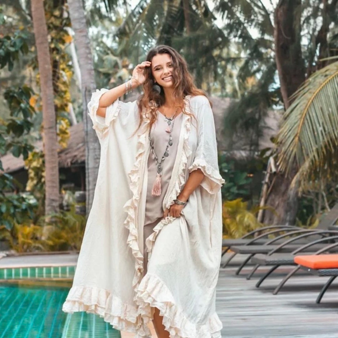 Yasmin Boho Maxi Ruffled Duster Kimono Festival Beach Cover up Resort ...