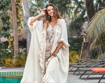 Yasmin Boho Maxi Ruffled Duster Kimono Festival Beach Cover up Resort Vacation Hippie One Plus Size