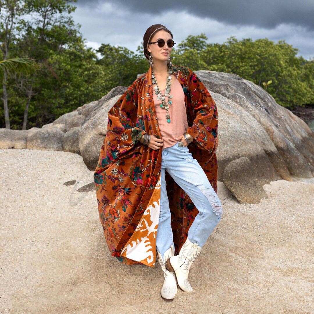 Plus Size Velvet Kimono Robe – Amber Flora Boho Duster | Harper