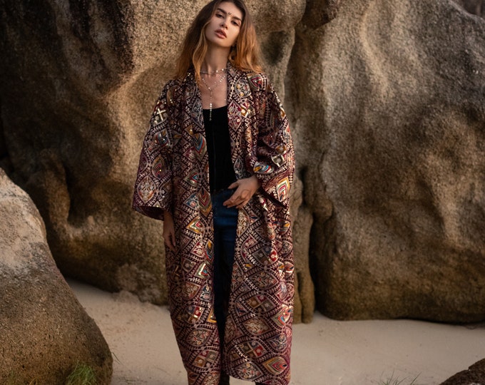 Luxury Plus Size Red Velvet Kimono Robe - Handmade Coat With Beading ...