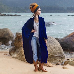 Royal Sapphire Velvet Kimono Duster: Boho Bridal Wrap