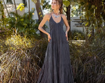 Natalie Black Maxi Boho Dress Festival Gypsy Smock Back Raw