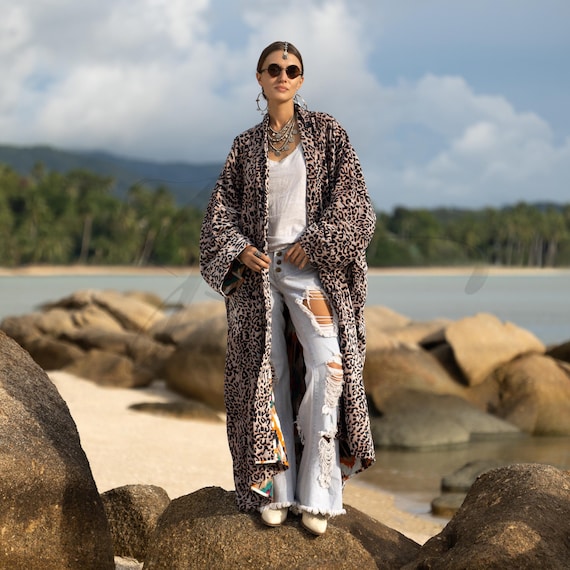 Velvet Animal Print Duster - Boho Wild Bobcat Kimono, Plus Size
