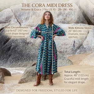Size infographic for The Cora Midi Dress in Peacock Rose featuring a model wearing the oversized cotton boho midi dress with measurement details. The chart highlights up to 62” bust circumference, approximately 48” midi length, and dramatic wide kimono sleeves. Teal and magenta artisan print fabric flows effortlessly with a relaxed silhouette designed for movement, comfort, and inclusive plus size bohemian styling.
